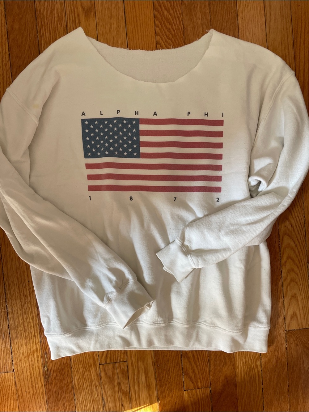 Alpha Phi Wide Neck White Flag Graphic Sweatshirt